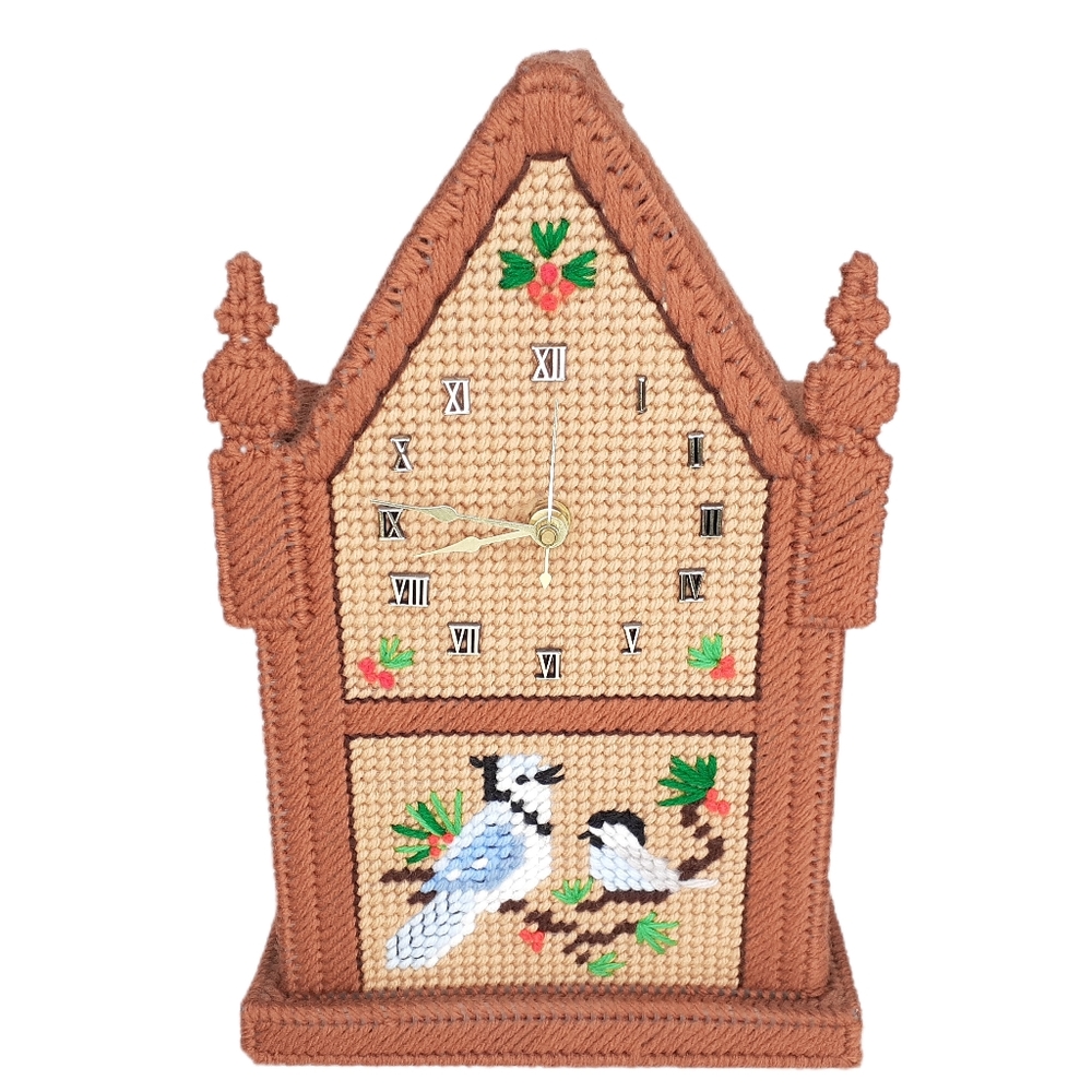 Handmade Woven Plastic Canvas Blue Jay & Holly Clock